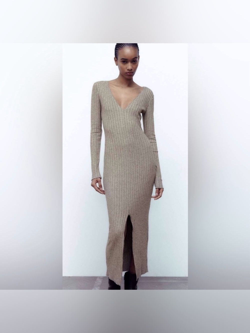 Zara Cream Ribbed V-Neck Long Sleeve Maxi Dress, Size L